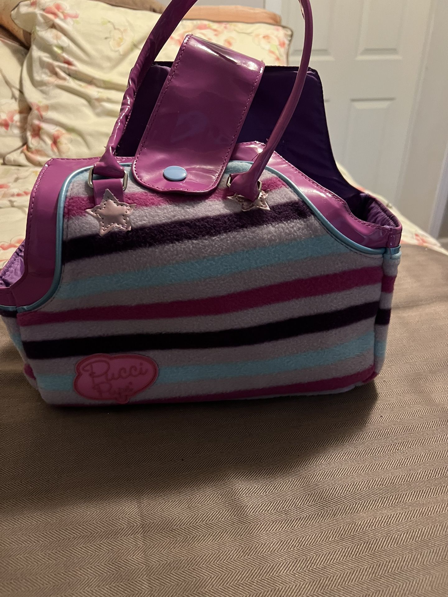 Pucci Pups Dog Cat Purple Blue Teal Lavender Striped Print Toy Pet Carrier 