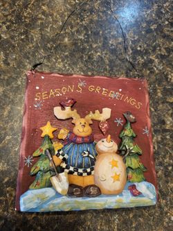 SEASONS GREETINGS square ceramic woodland 4" hanging decor