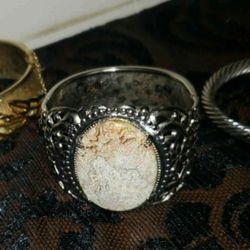 VINTAGE SILVER TONE METAL AGATE CUFF BANGLE BRACELET