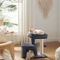 Small Cat Tower with Sisal Scratching Post, Plush Condo with Padded Perch, for Small Spaces, Kittens, Light Gray UPCT50W 