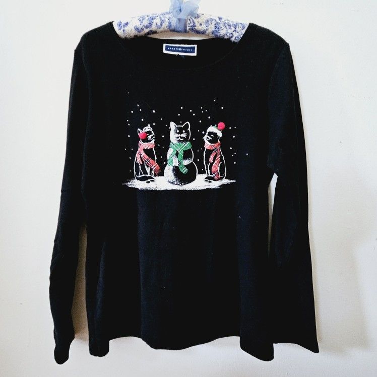 Size Medium Karen Scott Black Long-Sleeved 100% Cotton Shirt with Kitty Cats Design & Red Pom Pom Hat Tassels strategically placed & Express 100% Cash