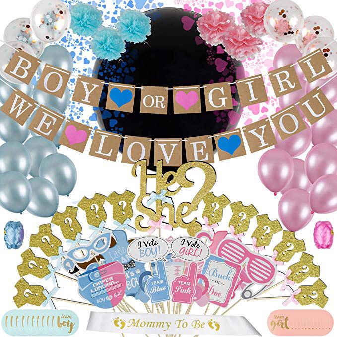 Gender Reveal Party Supplies (105pc) | Free eBook included | Baby Shower Gender Reveal Decorations