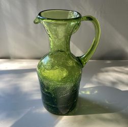 Vintage MCM Era Mini Crackle Glass Pitcher Avocado Green Art Glass Mid Century Decor Props Vtg