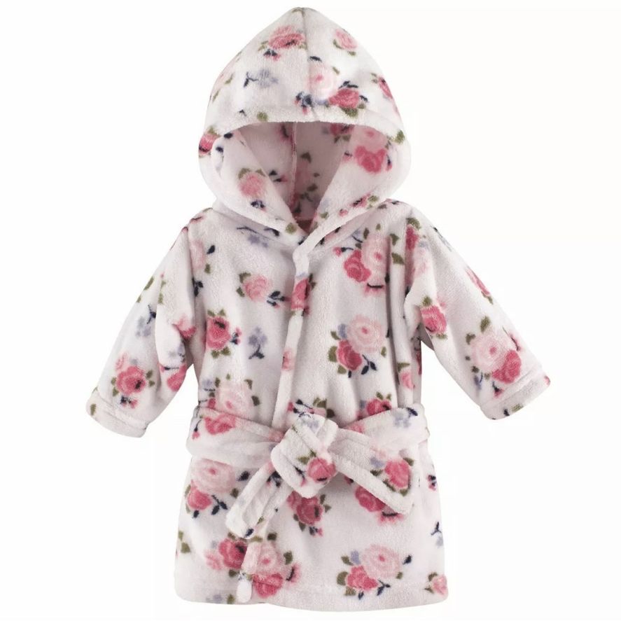 Luvable Friends Unisex Baby Plush Hooded Bathrobe Floral Small 0-9 Months NEW