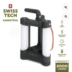 Swiss Tech 2000LM Rechargeable LED Lantern with Bluetooth Speaker and 5200 mAh Power Bank, IPX4 Weatherproof