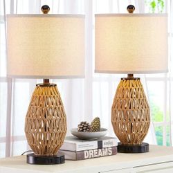 Rattan Table Lamps with Touch Control, 3-Way Dimmable Bedside Lamps for Bedroom, Set of 2 with 2 USB Ports and AC Outlet, Wicker Nightstand Lamps for 