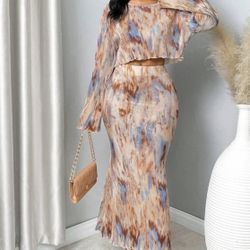 Women Tie-Dye Print Round Neck Flare Sleeve Top & Maxi Skirt Elegant 2-Piece Set
