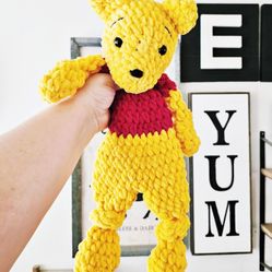 Crochet Winnie The Pooh Plushie Snuggler Lovey Stuffed Animal Baby Toddler Toy 