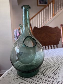 Vintage Hand Blown Green Glass Wine Bottle Decanter With Ice Chamber 
