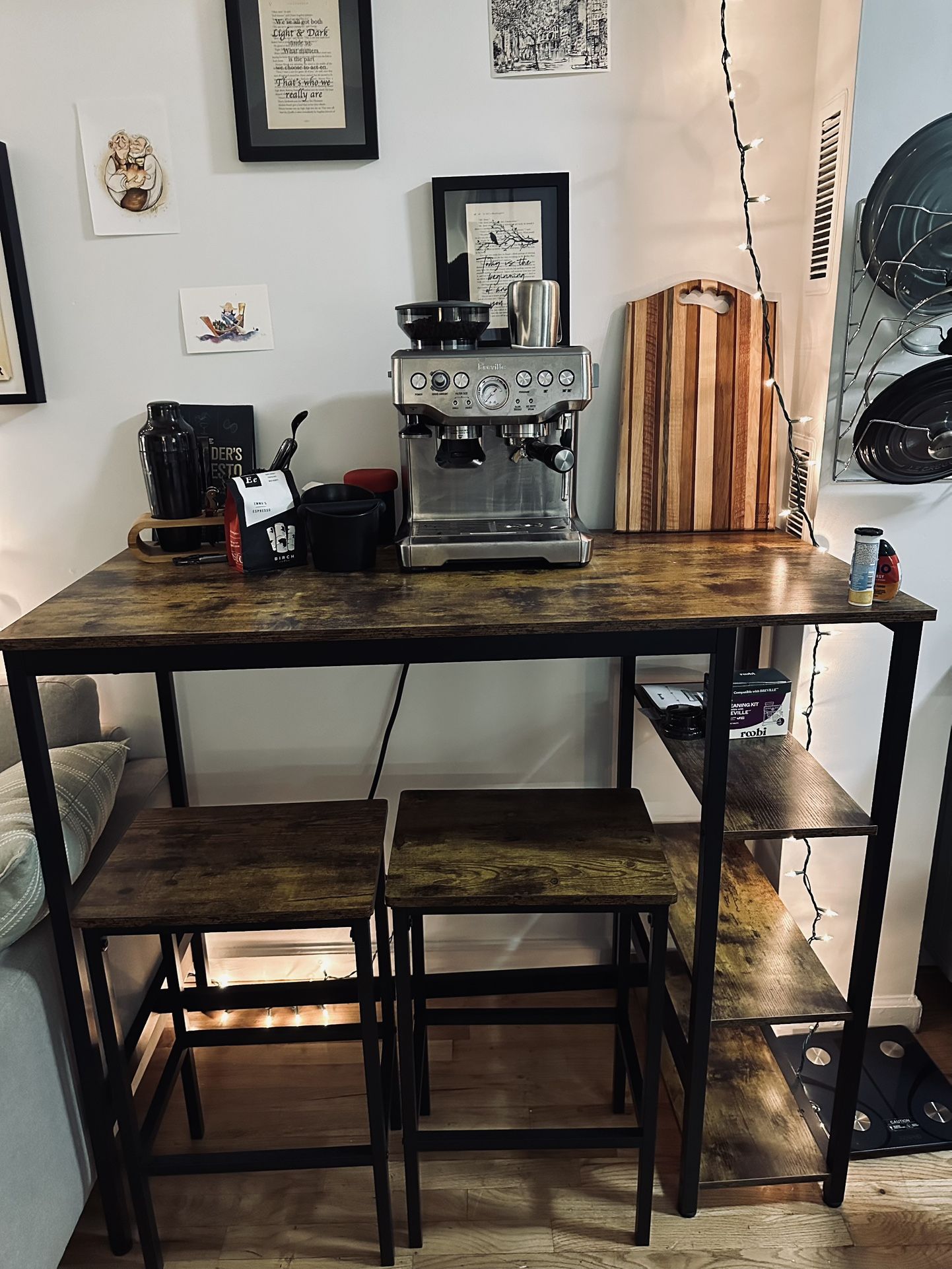 Rustic Brown Table with three side shelfs and two stools