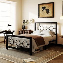 Amolife Black Twin Size Metal Platform Bed Frame With Circular Vintage Headboard & Footboard
