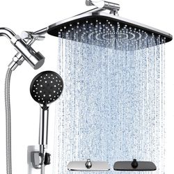 High Pressure Rain Shower Head Combo with Extension Arm- Wide Showerhead with 6 Handheld Water Spray - Adjustable Dual Shower with Anti-Clog Nozzles -