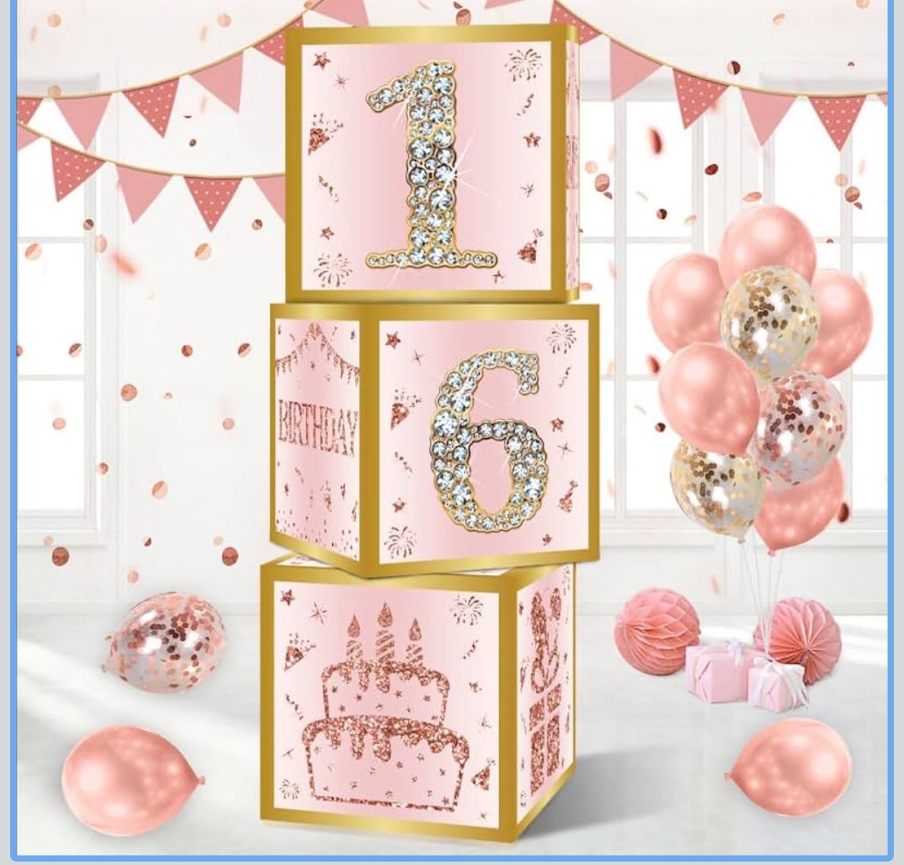 Sweet 16 birthday party decoration three boxes for girls pink rose birthday 16