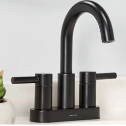 allen + roth Harlow Matte Black 4-in centerset 2-handle WaterSense High-arc Residential Handle Bathroom Sink Faucet with Drain with Deck Plate