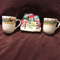 5 Gibson Snowman Frolic Coffee Mugs and3 Candles