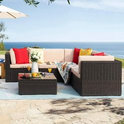 New 6 Pieces Patio Sets Outdoor Sectional All Weather PE Rattan Patio Conversation Set with Cushions and Glass Table  New in box 3CS 2AS 1TT  Outdoor 