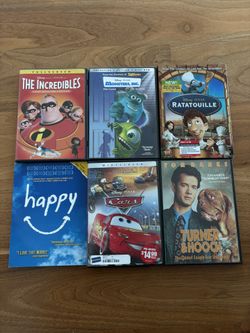DVDs Pixar Cars, Monster Inc., Ratotouille, The Incredibles, Turner & Hooch, Happy