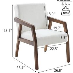 😀 Solid Wooden Mid-Century Modern Accent Chair, Upholstered Arm Chair for Living Room, Bedroom, Linen Fabric Reading Chair, Side Chair,White
