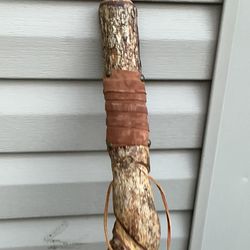 An Old Man Made Long Wooden, With Leather Decoration Cane