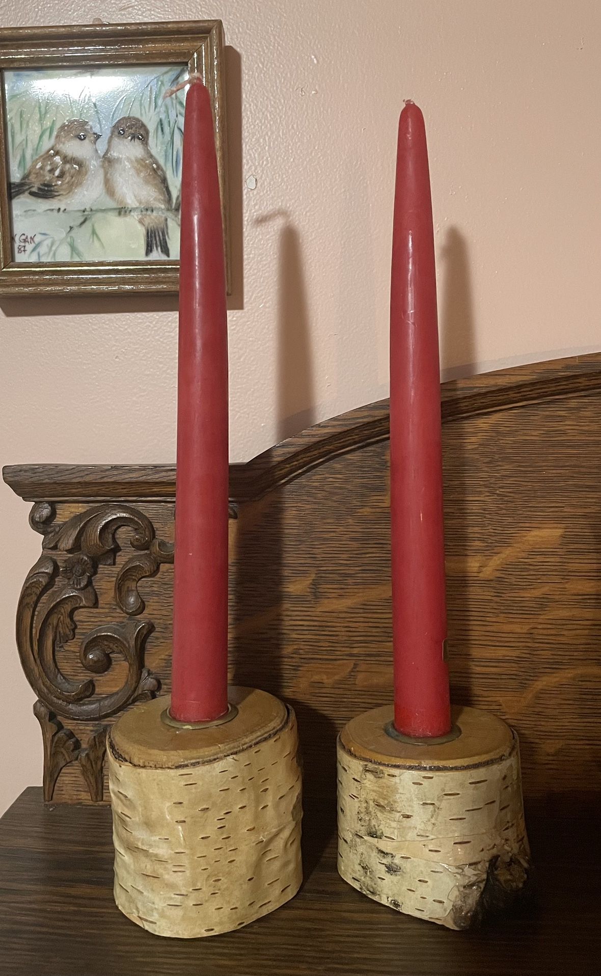 1950’s birch log taper candle holders W/ candlesticks