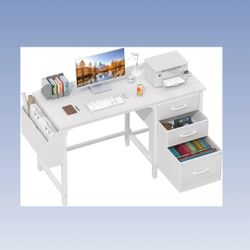 Lufeiya White Desk with Fabric File Drawers Cabinet, 47 Inch Reversible Computer Desk