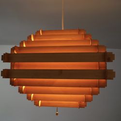 1970’s Mid Century Modern Slat Wood Ceiling Light Fixture Pendant