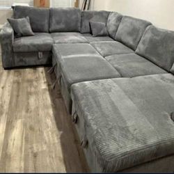 ✅️✅️4 pc Grey corduroy fabric sectional sofa with storage chaise and love seat and pop up sleep area in center USB charging✅️✅️