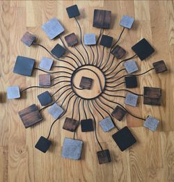 2 Neutral 30x30 Metal Wood Sun Shaped Abstract Wall Decor Wavy Metal Rods & Square Tips