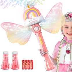 Bubble Wands for Girls Kids, Bubble Machine LED Light Princess Toys with 4 AA Batteries & 2 Solutions, Girl Stuff Outdoor Party Toys for Toddlers, Bir