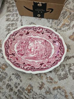 Vintage Mason's Ironstone Red Vista 13 1/2” Gadroon Edge Oval Serving Platter