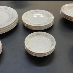 table setting for four, plates, saucers and bowls, Royal Court Fine China “Blue Fantasy”