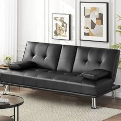 Black Leather Futon With Cup Holder NEW 