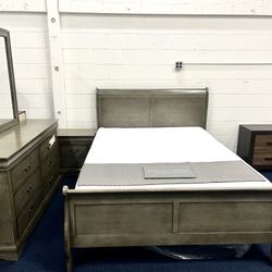 Queen Gray Bedroom Set ( Bed Frame, Dresser, Mirror And One Nightstand)