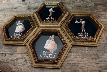 Vintage Set of 4 Hexagon Wall Art – Ornate Gold Frames