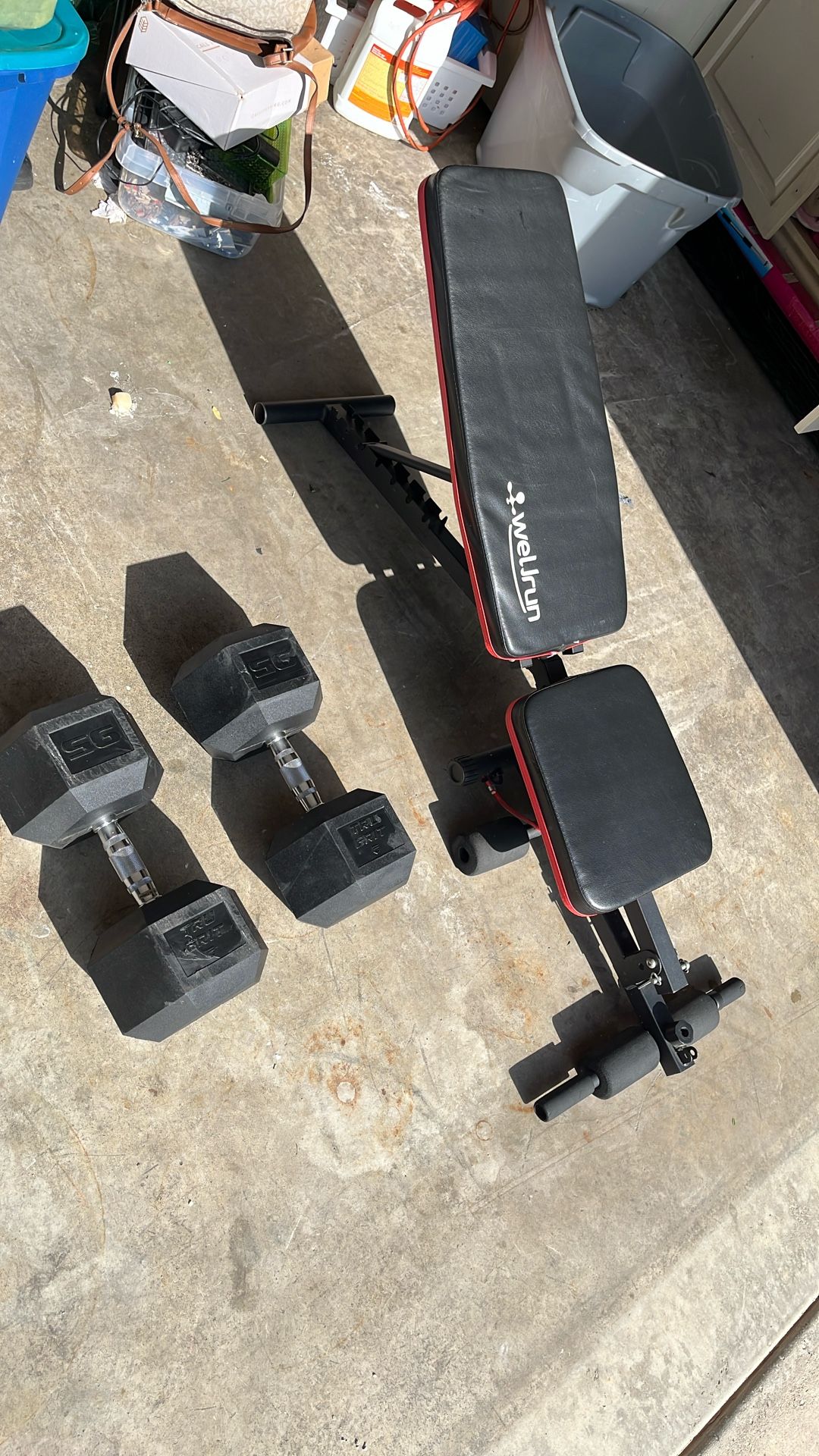 95lbs pair of rubber hex dumbbells And Bench.