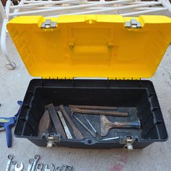 Tool box..misc tools..chisel, open end wrenches. Irwin clamp