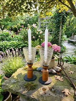 Set Of Vintage wooden candle holders with glass globes Style Four Ways