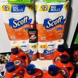 $105 Tide Bundle 6bottles Liquid 64loads Per Bottle 2 Box Of Dryer Sheets 250counts Per Box 2 Pack Paper Towel 2 Pack Toilet Paper 1 Mouth Wash