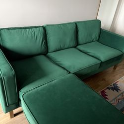 Green Couch with Gold accents and Ottoman
