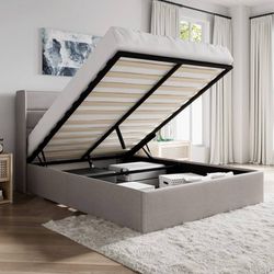 Clearance Queen Size Lift Up Storage Bed/Modern Wingback Headboard/Upholstered P