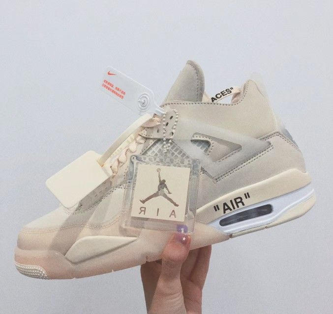 OFF-WHITE x Jordan Air Jordan 4 Leather “Sail” White Sail Mid-top Retro Basketball Shoes Unisex Beige White