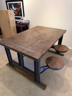 Rustic Industrial Dining Table with Built-In Swivel Stools