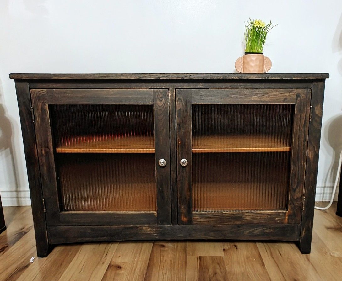 Rustic Dark Brown Oak Long Dresser TV Television Entertainment Media Console Stand Shelves Frosted Glass Cabinets