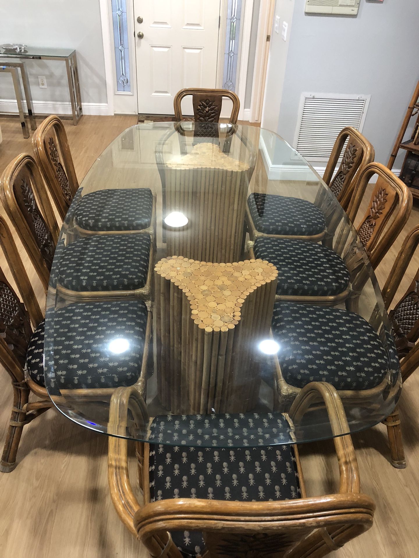 Tropical Bamboo Ratan Glass Dining Table With 8 Chairs