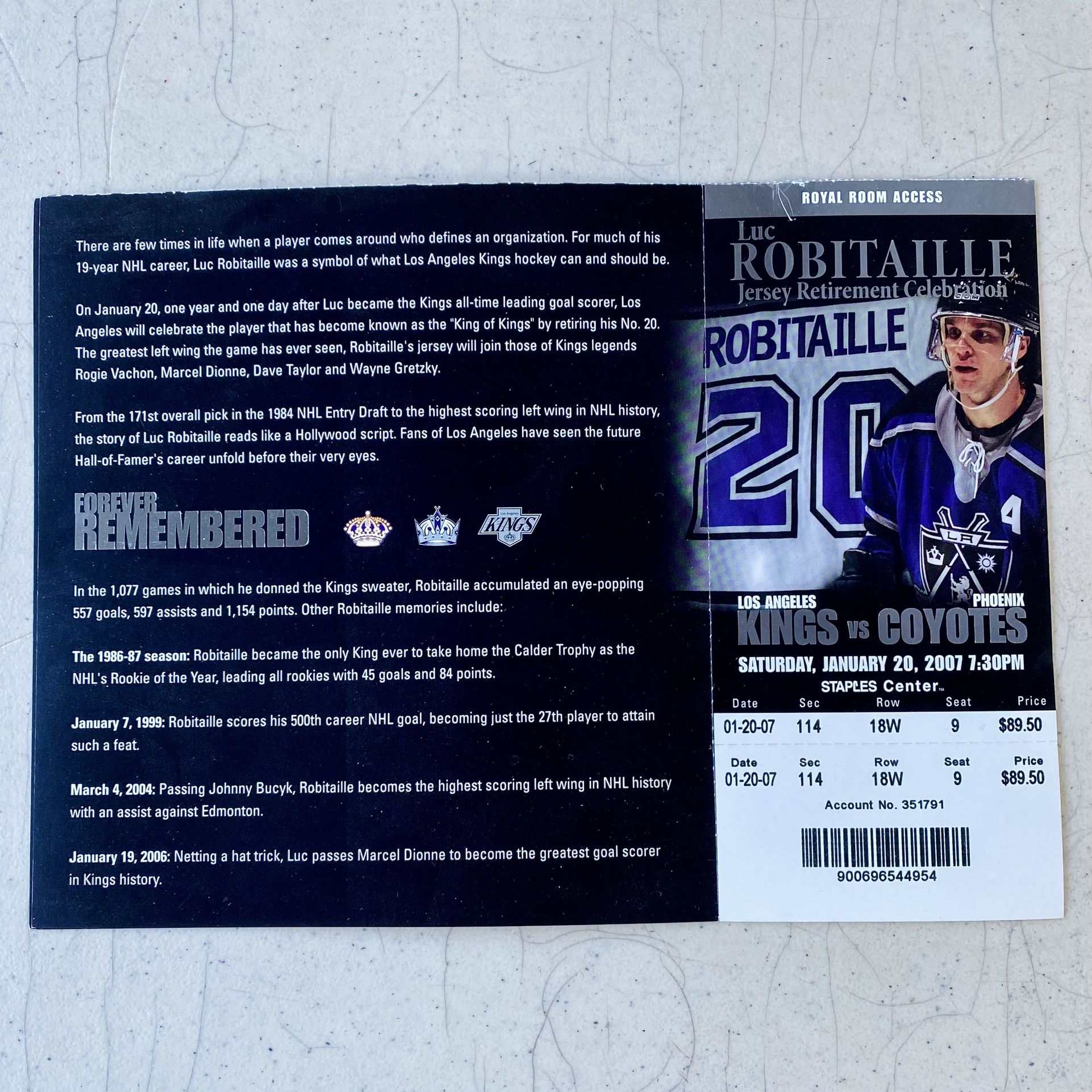 Luc Robitaille Los Angeles Kings Jersey Retirement Celebration Ticket Stub 1/20/07 RARE (2 AVAILABLE)