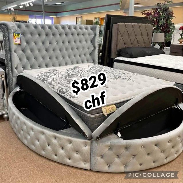 Black Friday Gray Queen Size Round Bed Frame With Storage Drawers