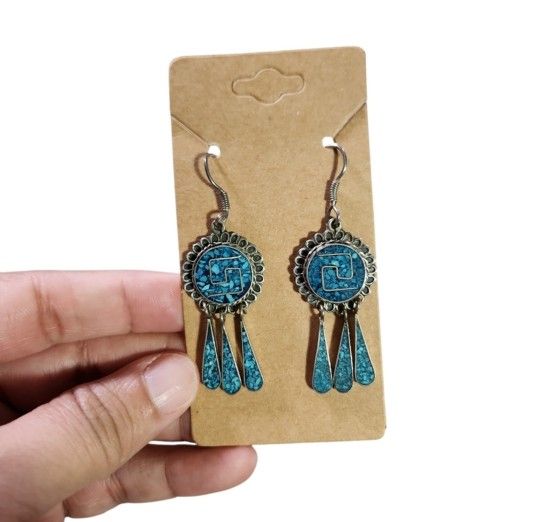 Vintage Mexico 925 Sterling Silver Turquoise Aztec Calendar Drop Earrings 2.5"