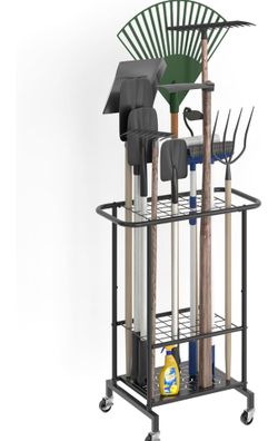Garden Tool Organizer with Wheels, Heavy Duty Metal Garage Tool Storage Rack, Yard Tool Holder for Long-Handled Tools, Rakes and Brooms, Indoor and Ou