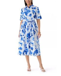 Brand New Woman’s DKNY brand 3/4 Sleeve Blue Floral Midi Dress Up For Sale