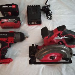 Bauer Impact Wrench And Bauer Cordless Saw With 2 Batteries And Charger 